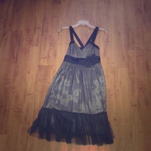 Anthropologie Dark Grey Dress with rose accents.